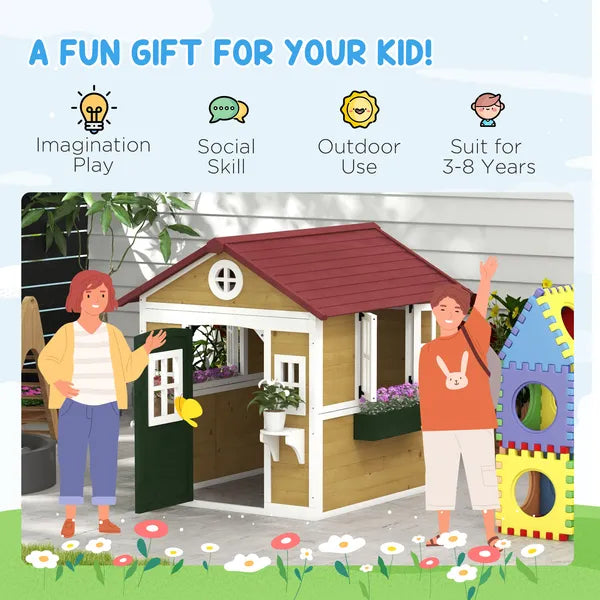 Outsunny Wooden Playhouse for Kids Outdoor, Doors, Windows, Planter Pots, Beige, Toddlers 3-8 Years - product image 6