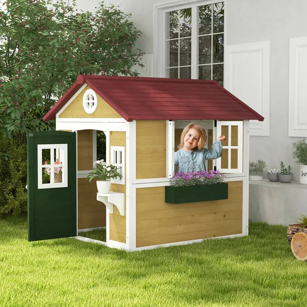 Outsunny Wooden Playhouse for Kids Outdoor, Doors, Windows, Planter Pots, Beige, Toddlers 3-8 Years - product image 2