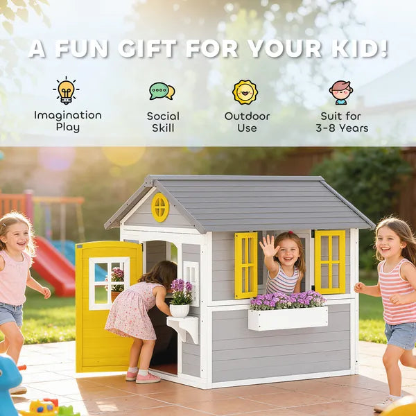 Outsunny Wooden Playhouse for Kids Outdoor with Doors, Windows, Planter Pots and Boxes for Toddlers 3-8 Years, Gray - product image 6