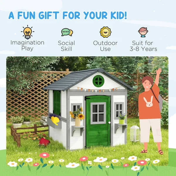 Outsunny Wooden Playhouse for Kids Outdoor with Doors, Windows, Planter Pots and Boxes for Toddlers 3-8 Years, White - product image 6