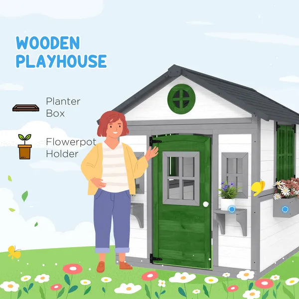 Outsunny Wooden Playhouse for Kids Outdoor with Doors, Windows, Planter Pots and Boxes for Toddlers 3-8 Years, White - product image 4