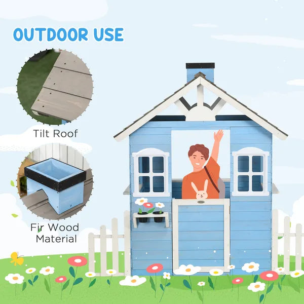 Wooden Playhouse for Kids Outdoor with Flower Pot Holders, Door, Windows, Service Stations for 3-7 Years, Blue - product image 5