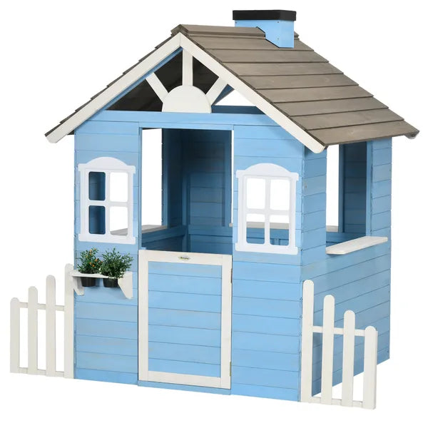 Wooden Playhouse for Kids Outdoor with Flower Pot Holders, Door, Windows, Service Stations for 3-7 Years, Blue - product image 11