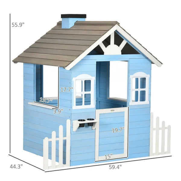 Wooden Playhouse for Kids Outdoor with Flower Pot Holders, Door, Windows, Service Stations for 3-7 Years, Blue - product image 3