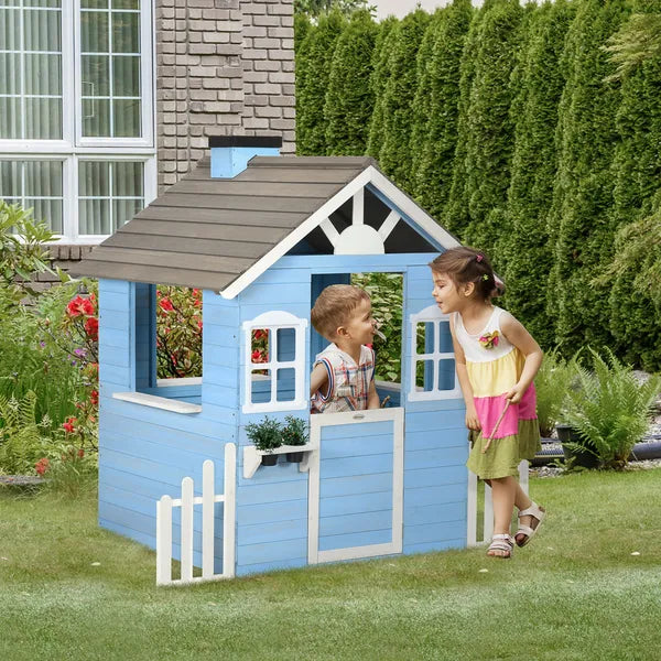 Wooden Playhouse for Kids Outdoor with Flower Pot Holders, Door, Windows, Service Stations for 3-7 Years, Blue - product image 10