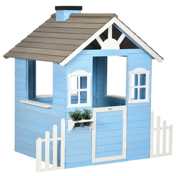 Wooden Playhouse for Kids Outdoor with Flower Pot Holders, Door, Windows, Service Stations for 3-7 Years, Blue - product image 1