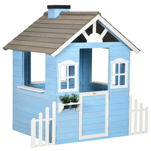 Wooden Playhouse for Kids Outdoor with Flower Pot Holders, Door, Windows, Service Stations for 3-7 Years, Blue - product image 1