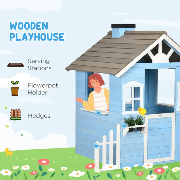 Wooden Playhouse for Kids Outdoor with Flower Pot Holders, Door, Windows, Service Stations for 3-7 Years, Blue - product image 4