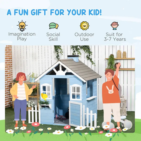 Wooden Playhouse for Kids Outdoor with Flower Pot Holders, Door, Windows, Service Stations for 3-7 Years, Blue - product image 6