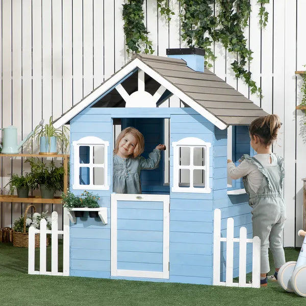 Wooden Playhouse for Kids Outdoor with Flower Pot Holders, Door, Windows, Service Stations for 3-7 Years, Blue - product image 2