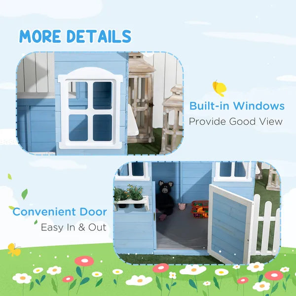 Wooden Playhouse for Kids Outdoor with Flower Pot Holders, Door, Windows, Service Stations for 3-7 Years, Blue - product image 7
