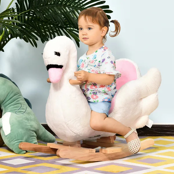 Qaba Wooden Plush Swan Rocking Horse, Ride-On Toy with Music, White and Pink, Soothing for Infants and Toddlers - product image 2