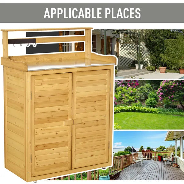 Wooden Potting Bench 3-Tier Storage Cabinet Work Station Table Lockable Organizer with Magnetic Latch Hooks Foot Pads 34.25"L Yellow - product image 6