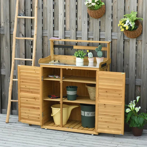 Wooden Potting Bench 3-Tier Storage Cabinet Work Station Table Lockable Organizer with Magnetic Latch Hooks Foot Pads 34.25"L Yellow - product image 13