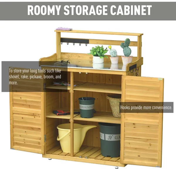 Wooden Potting Bench 3-Tier Storage Cabinet Work Station Table Lockable Organizer with Magnetic Latch Hooks Foot Pads 34.25"L Yellow - product image 5