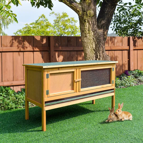 PawHut Wooden Rabbit Hutch Bunny Cage Openable Waterproof Roof No Leak Tray Sturdy Fir Wood Indoor Outdoor Yellow Green - product image 2