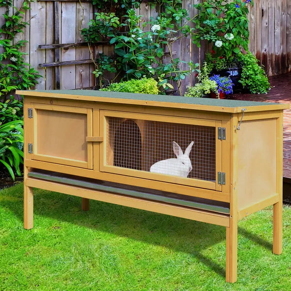 PawHut Wooden Rabbit Hutch Bunny Cage Openable Waterproof Roof No Leak Tray Sturdy Fir Wood Indoor Outdoor Yellow Green - product image 10
