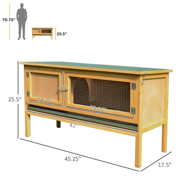 PawHut Wooden Rabbit Hutch Bunny Cage Openable Waterproof Roof No Leak Tray Sturdy Fir Wood Indoor Outdoor Yellow Green - product image 3