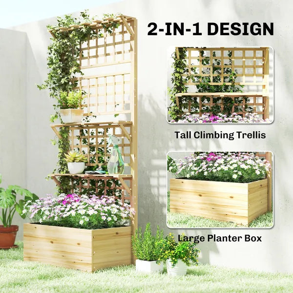 Outsunny Wooden Raised Garden Bed with Trellis and Roof, Elevated Planter Box with 2 Shelves, Drainage Hole and Liner, Natural - product image 4