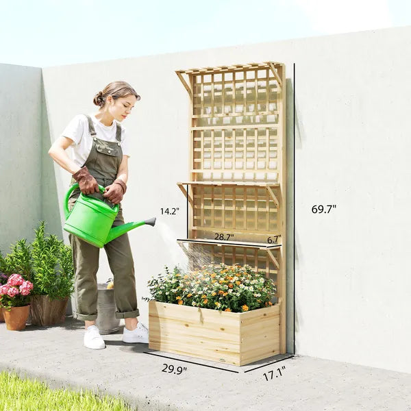 Outsunny Wooden Raised Garden Bed with Trellis and Roof, Elevated Planter Box with 2 Shelves, Drainage Hole and Liner, Natural - product image 3