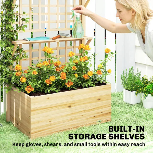 Outsunny Wooden Raised Garden Bed with Trellis and Roof, Elevated Planter Box with 2 Shelves, Drainage Hole and Liner, Natural - product image 6
