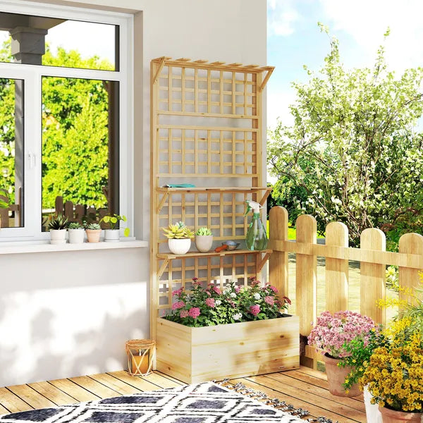 Outsunny Wooden Raised Garden Bed with Trellis and Roof, Elevated Planter Box with 2 Shelves, Drainage Hole and Liner, Natural - product image 10