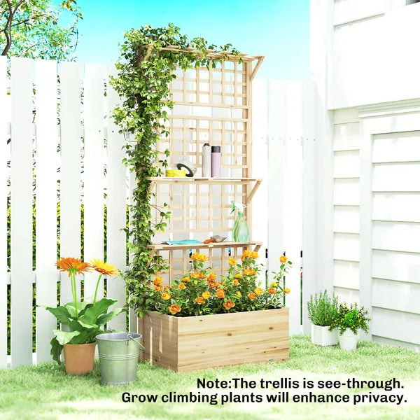 Outsunny Wooden Raised Garden Bed with Trellis and Roof, Elevated Planter Box with 2 Shelves, Drainage Hole and Liner, Natural - product image 9