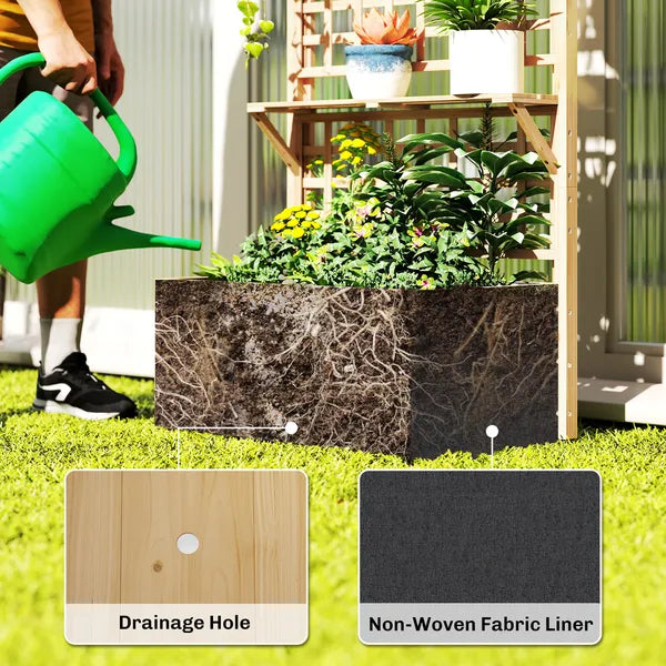 Outsunny Wooden Raised Garden Bed with Trellis and Roof, Elevated Planter Box with 2 Shelves, Drainage Hole and Liner, Natural - product image 7