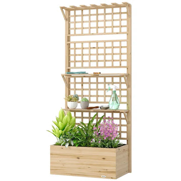 Outsunny Wooden Raised Garden Bed with Trellis and Roof, Elevated Planter Box with 2 Shelves, Drainage Hole and Liner, Natural - product image 1