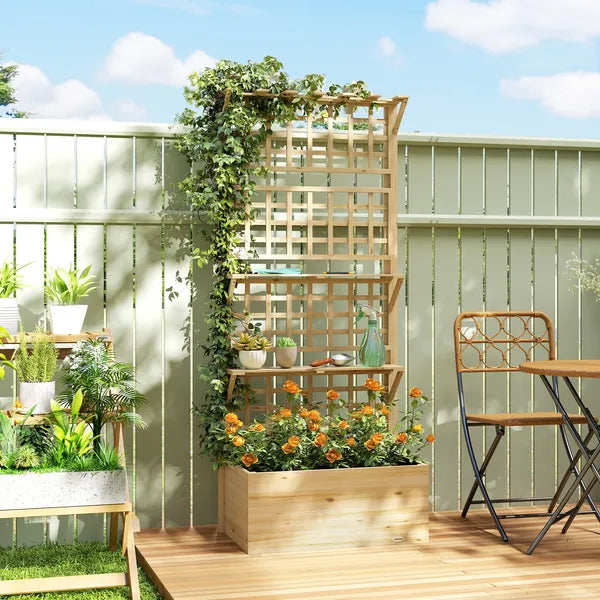 Outsunny Wooden Raised Garden Bed with Trellis and Roof, Elevated Planter Box with 2 Shelves, Drainage Hole and Liner, Natural - product image 2