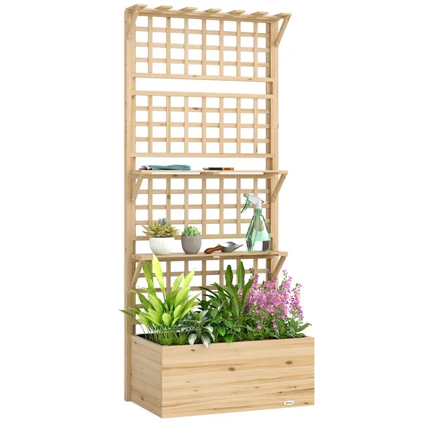 Outsunny Wooden Raised Garden Bed with Trellis and Roof, Elevated Planter Box with 2 Shelves, Drainage Hole and Liner, Natural - product image 11