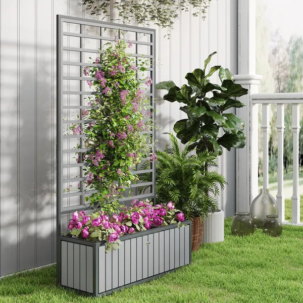 Outsunny Wooden Raised Garden Bed with Trellis, Removable Pots, for Backyard, Patio, Balcony, 29" x 11" x 52", Gray - product image 9