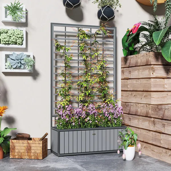 Outsunny Wooden Raised Garden Bed with Trellis, Removable Pots, for Backyard, Patio, Balcony, 29" x 11" x 52", Gray - product image 7