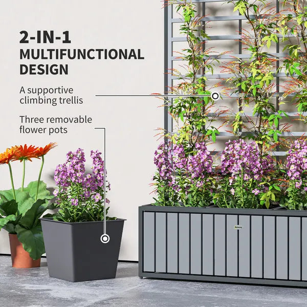 Outsunny Wooden Raised Garden Bed with Trellis, Removable Pots, for Backyard, Patio, Balcony, 29" x 11" x 52", Gray - product image 4