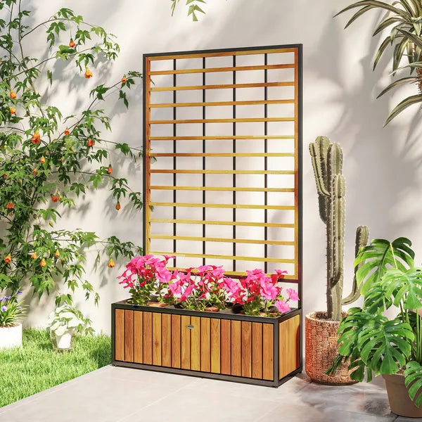 Wooden Raised Garden Bed with Trellis, Removable Pots for Backyard, Patio, Balcony, 29" x 11" x 52", Teak - product image 8