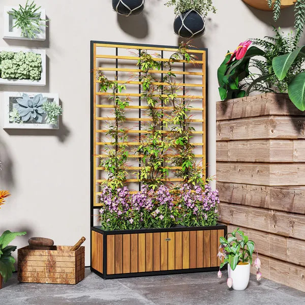 Wooden Raised Garden Bed with Trellis, Removable Pots for Backyard, Patio, Balcony, 29" x 11" x 52", Teak - product image 7