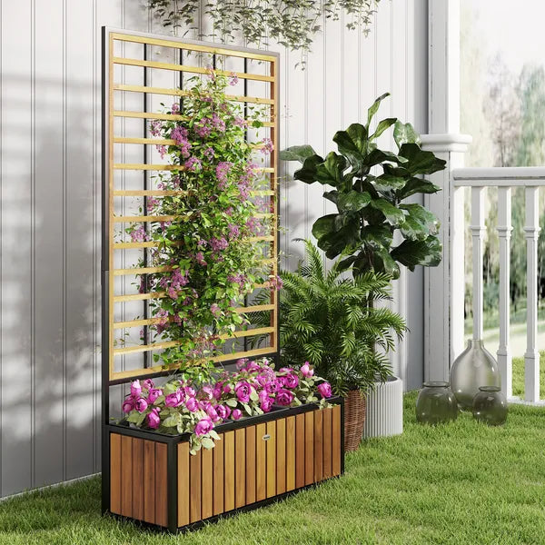 Wooden Raised Garden Bed with Trellis, Removable Pots for Backyard, Patio, Balcony, 29" x 11" x 52", Teak - product image 9