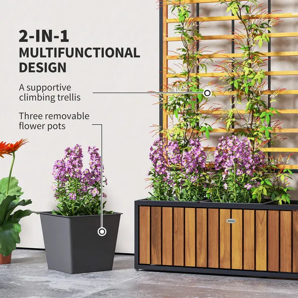 Wooden Raised Garden Bed with Trellis, Removable Pots for Backyard, Patio, Balcony, 29" x 11" x 52", Teak - product image 4