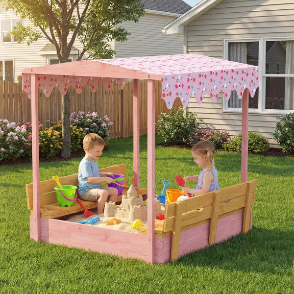Qaba Wooden Sandbox with Cover, Kids Sandbox Outdoor with Seat, Bottom Liner, Canopy for Ages 3-6, Flamingos Print, Pink - product image 2
