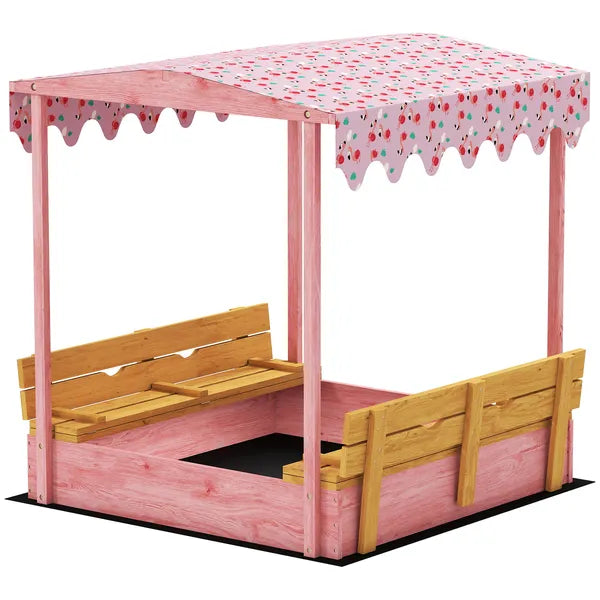 Qaba Wooden Sandbox with Cover, Kids Sandbox Outdoor with Seat, Bottom Liner, Canopy for Ages 3-6, Flamingos Print, Pink - product image 1