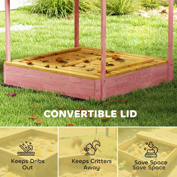 Qaba Wooden Sandbox with Cover, Kids Sandbox Outdoor with Seat, Bottom Liner, Canopy for Ages 3-6, Flamingos Print, Pink - product image 5