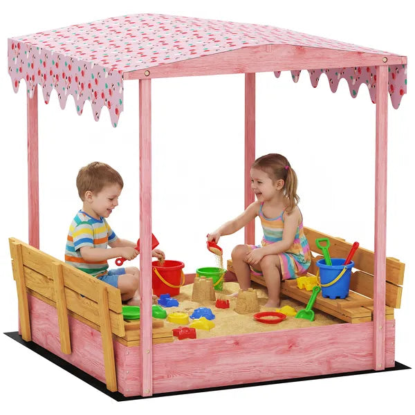 Qaba Wooden Sandbox with Cover, Kids Sandbox Outdoor with Seat, Bottom Liner, Canopy for Ages 3-6, Flamingos Print, Pink - product image 11