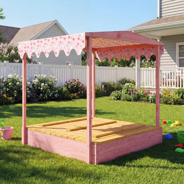 Qaba Wooden Sandbox with Cover, Kids Sandbox Outdoor with Seat, Bottom Liner, Canopy for Ages 3-6, Flamingos Print, Pink - product image 9
