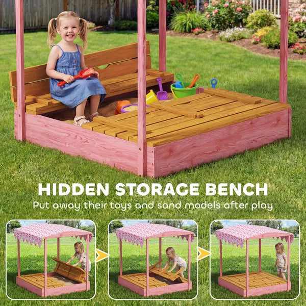 Qaba Wooden Sandbox with Cover, Kids Sandbox Outdoor with Seat, Bottom Liner, Canopy for Ages 3-6, Flamingos Print, Pink - product image 4