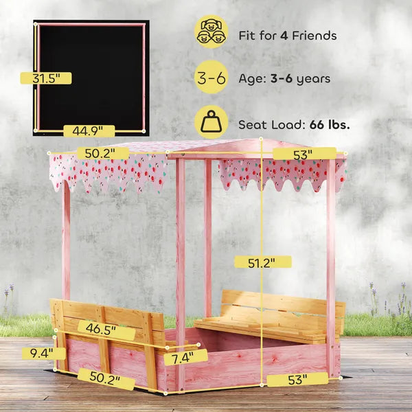 Qaba Wooden Sandbox with Cover, Kids Sandbox Outdoor with Seat, Bottom Liner, Canopy for Ages 3-6, Flamingos Print, Pink - product image 3