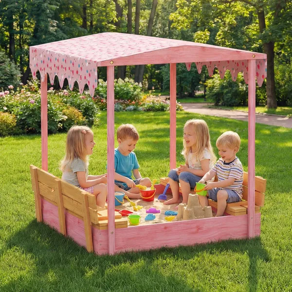 Qaba Wooden Sandbox with Cover, Kids Sandbox Outdoor with Seat, Bottom Liner, Canopy for Ages 3-6, Flamingos Print, Pink - product image 8