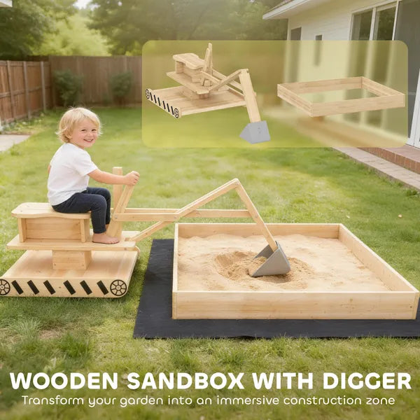 Wooden Sandbox with Digger, Kids Sandbox with 360A degree Rotating Seat and Bottom Liner, 72" x 35" x 22" - product image 3