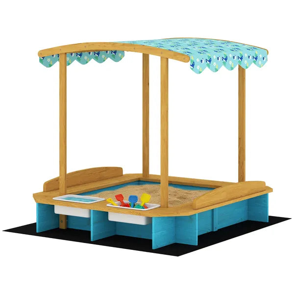 Qaba Wooden Sandbox with Dinosaur Print Canopy Kids Sandbox Outdoor with Bench Seats and 2 Storage Bins - product image 1