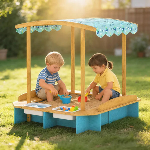 Qaba Wooden Sandbox with Dinosaur Print Canopy Kids Sandbox Outdoor with Bench Seats and 2 Storage Bins - product image 2