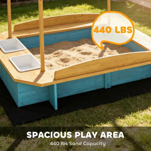 Qaba Wooden Sandbox with Dinosaur Print Canopy Kids Sandbox Outdoor with Bench Seats and 2 Storage Bins - product image 4